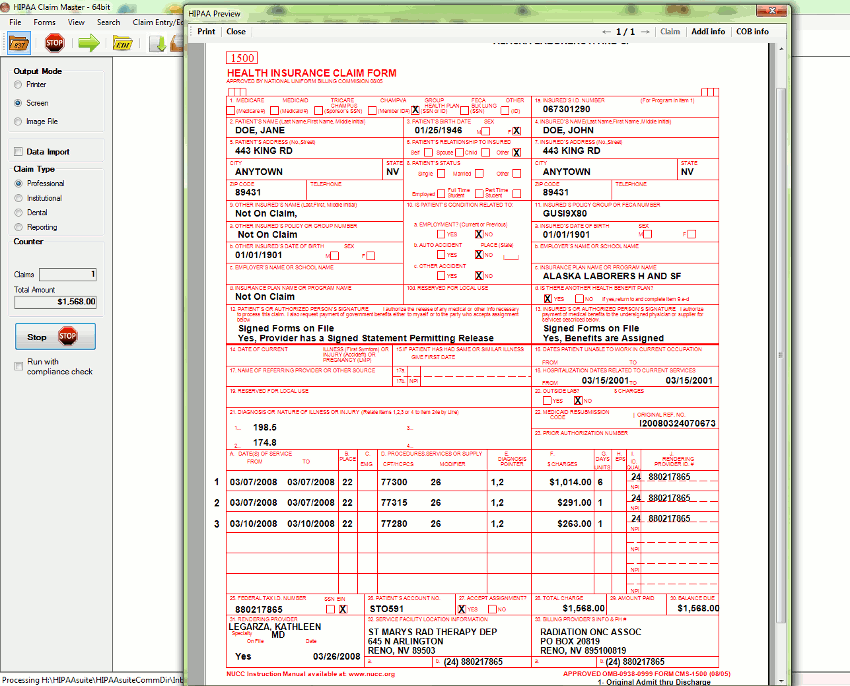 Preview of a professional claim (CMS-1500)