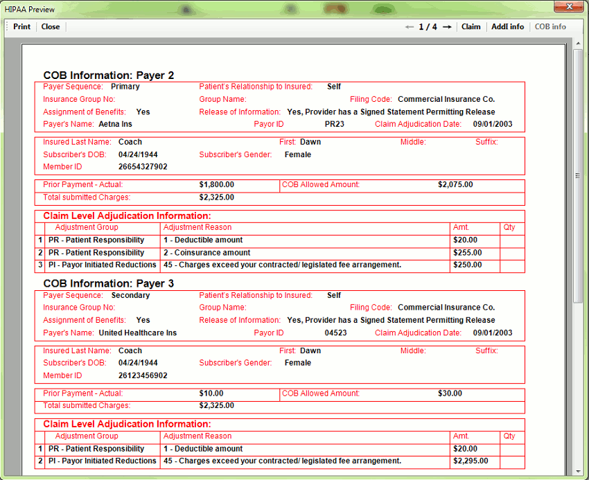 Complicated COB information is displayed in a second page.