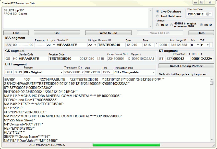 The screen to manually create an 837 EDI file from an SQL query