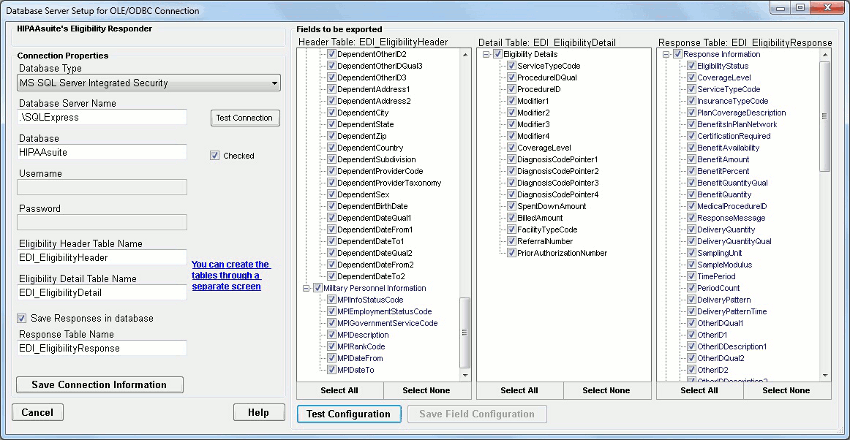 The screen to configure database connection and fields