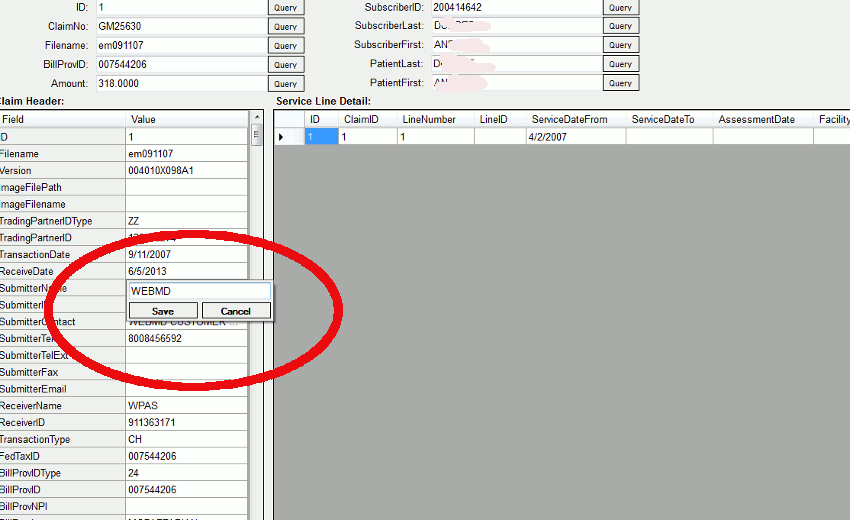 Records in the database are easily editable within the HIPAA Claim Master application
