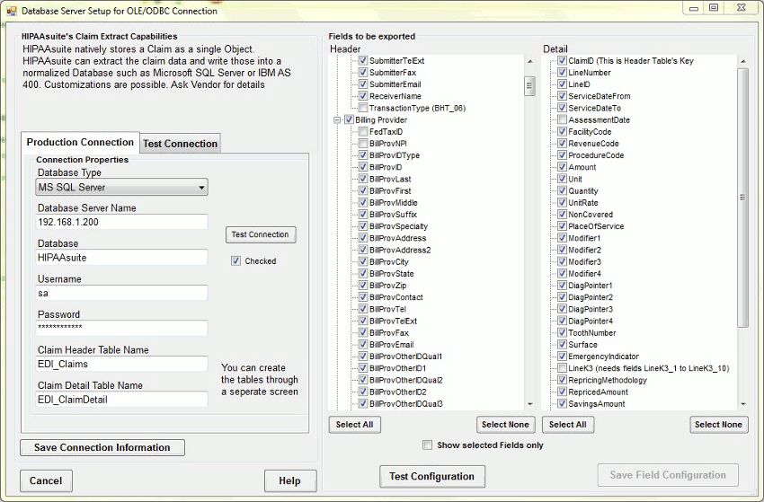 The setup for the database connection. On the right side you see the tables with their fields, on the left are the connection parameters.