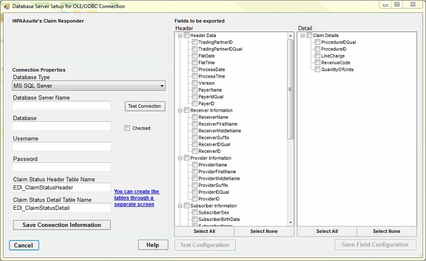 The screen to configure database connections and fields