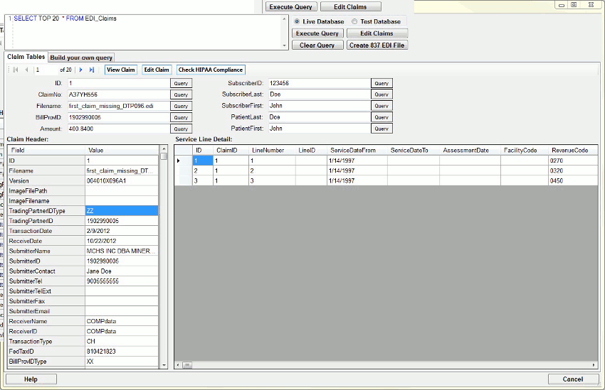 Claims in the database can be queried, the individual claim data changed and the claims can be written to an 837 EDI file.
