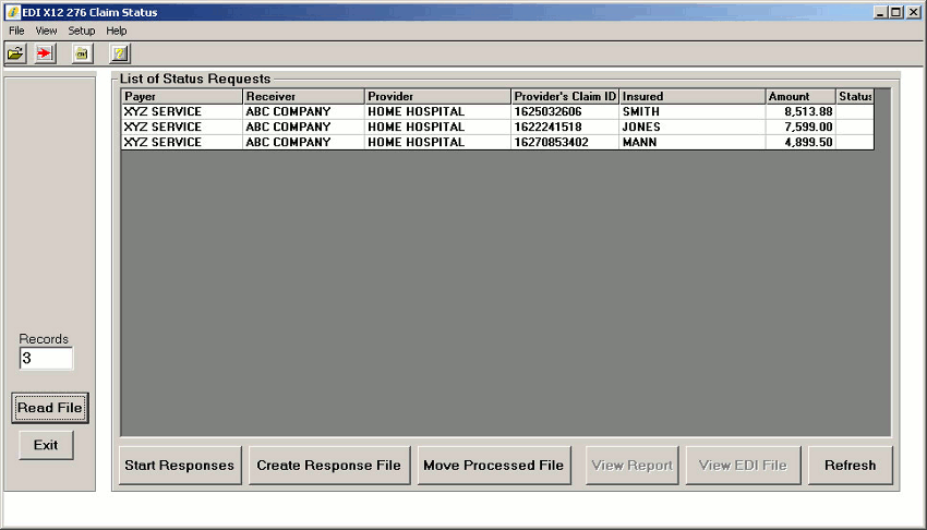 Each individual request can then be called up and answered. The status information and any other codes can be selected from a drop down box, so there is no possibility to enter wrong codes. The picture below shows a claim status request that has only claim level information. The status information for the same has been filled in. Features included with basic module:
