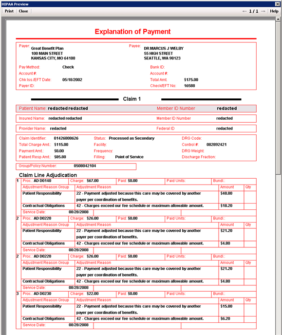 The first screen shots show the image of a typical claim payment advice. On closer look you will see that a lot of information is shown. All adjustment and remark codes are translated, so there is no guess work or the need to be a specialist in EDI code sets.