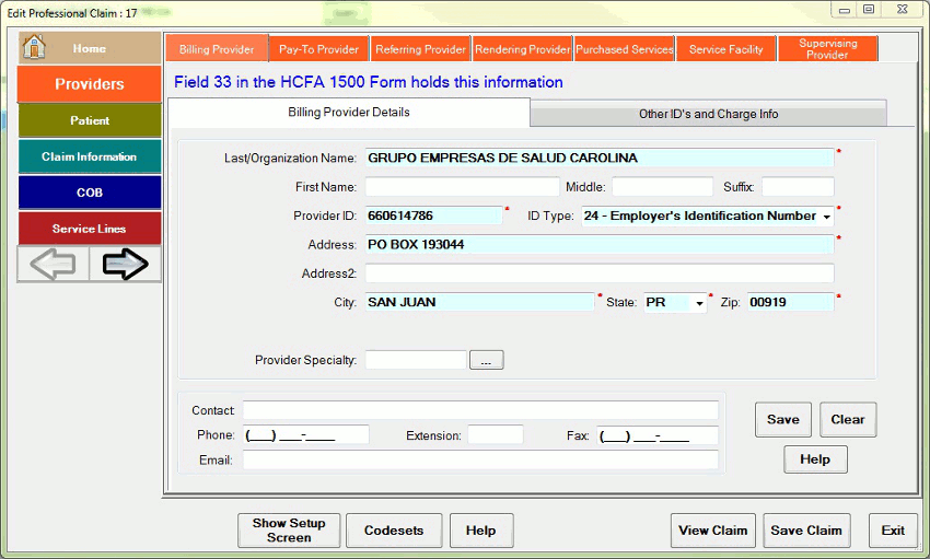 The billing provider screen.