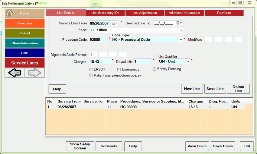 The service line screen. Note the tabs on top accessing every possible segment.