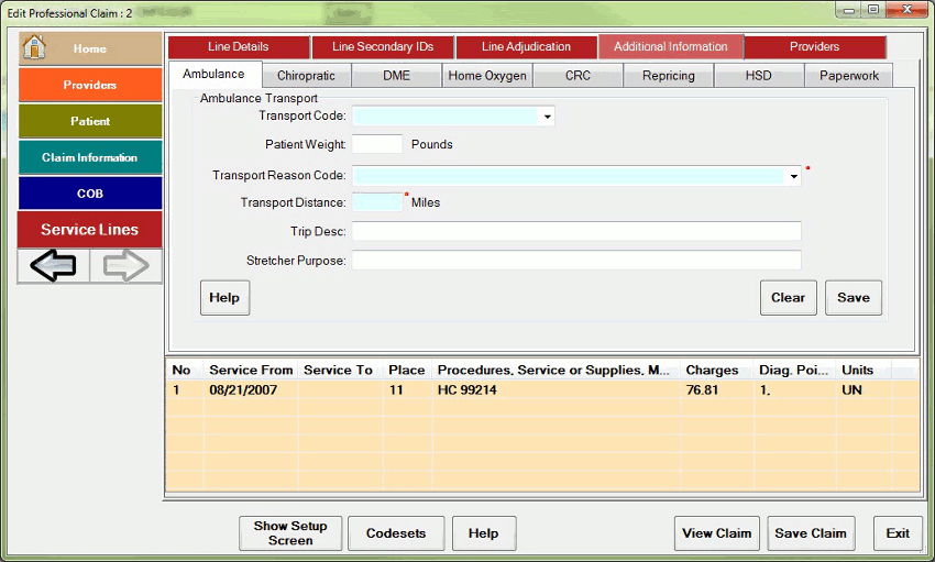 Here are all the specialty segments for the service line level of the professional claim.